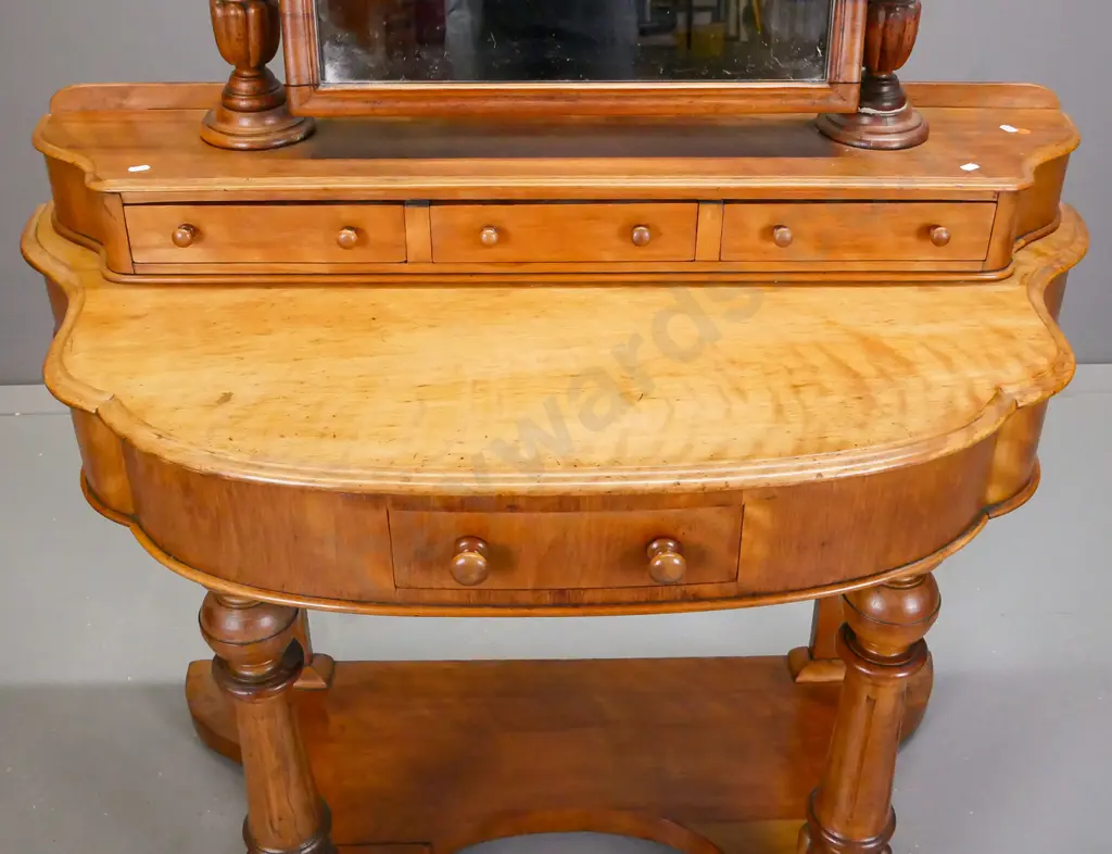 restorer's Victorian satinwood & mixed timbers dressing table with arch-top mirror on turned supports, 3 small drawers Image 1++