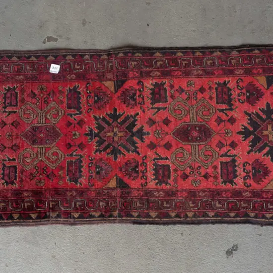 Persian style hand-knotted wool small floor runner - reds, black, mauve - wear to fringe on one end L-1480 W-500
