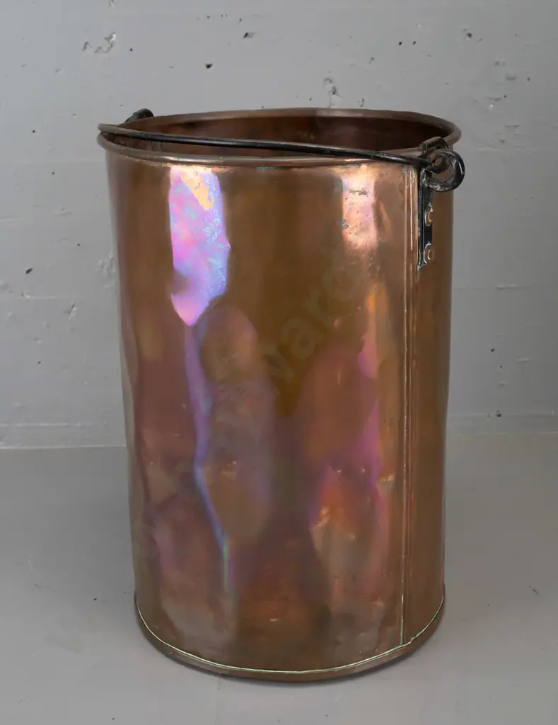 vintage copper umbrella stand / fire bucket - top handle with forged lugs - some dents and wear H-370 W-310 at handles Image 1++