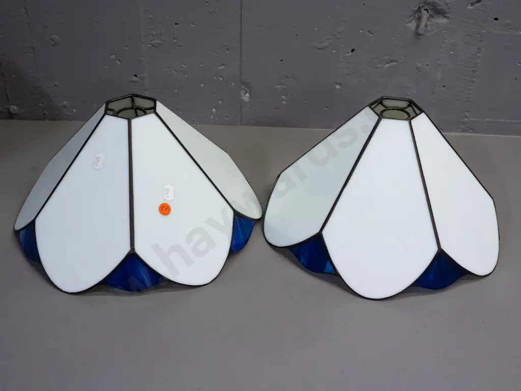 pair of leadlight hanging light shades - white and transparent blue glass H-165 W-300 Image 1++