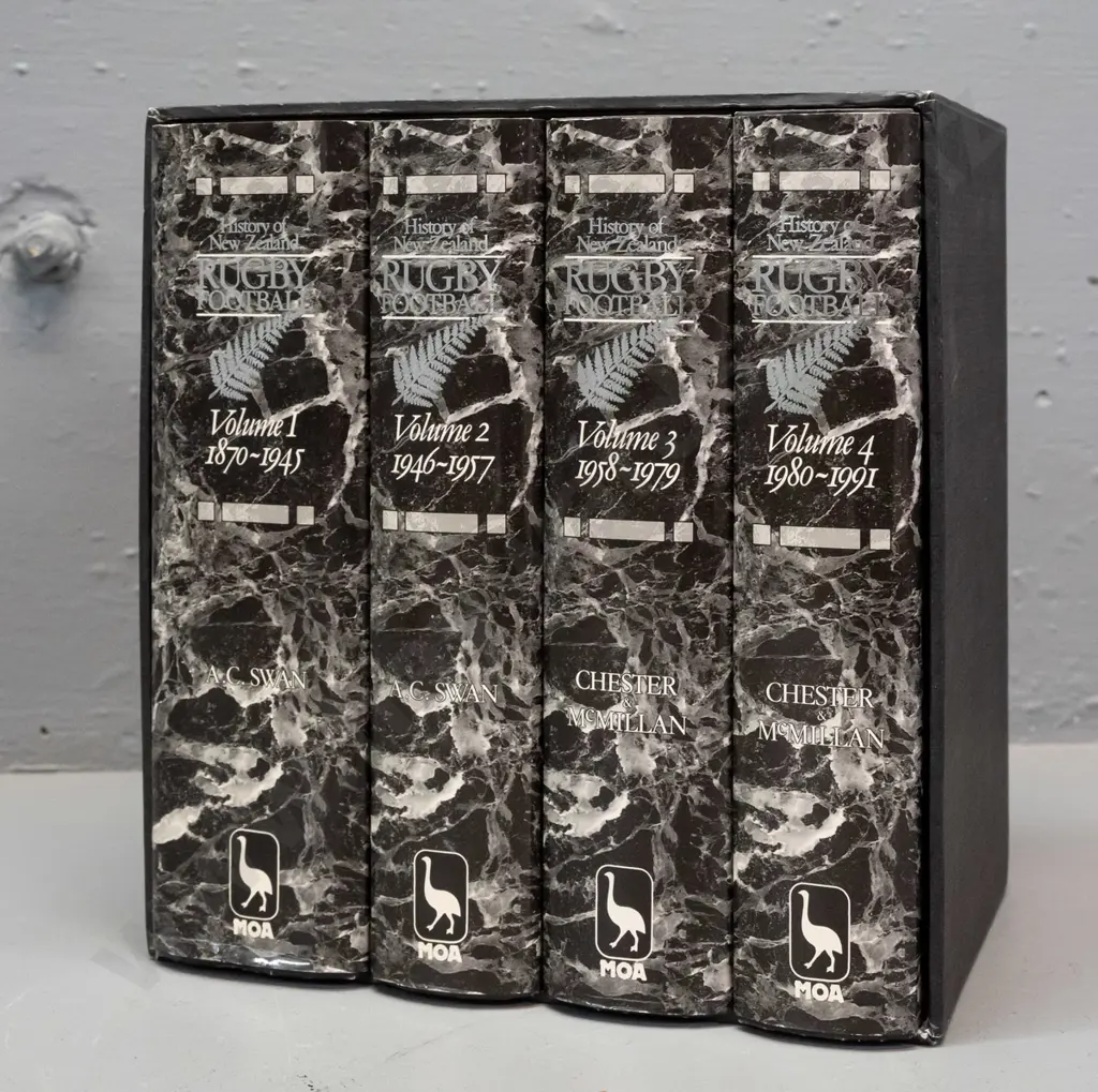 4- volume slip-cased set - The History of New Zealand Rugby Football from 1870 to 1991 - published 1992 by Moa - minor Image 1++
