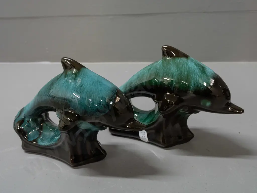 3 Blue Mountain pottery leaping dolphins - large H-250 L-410 (some sticker residue) and a pair of small Image 1++