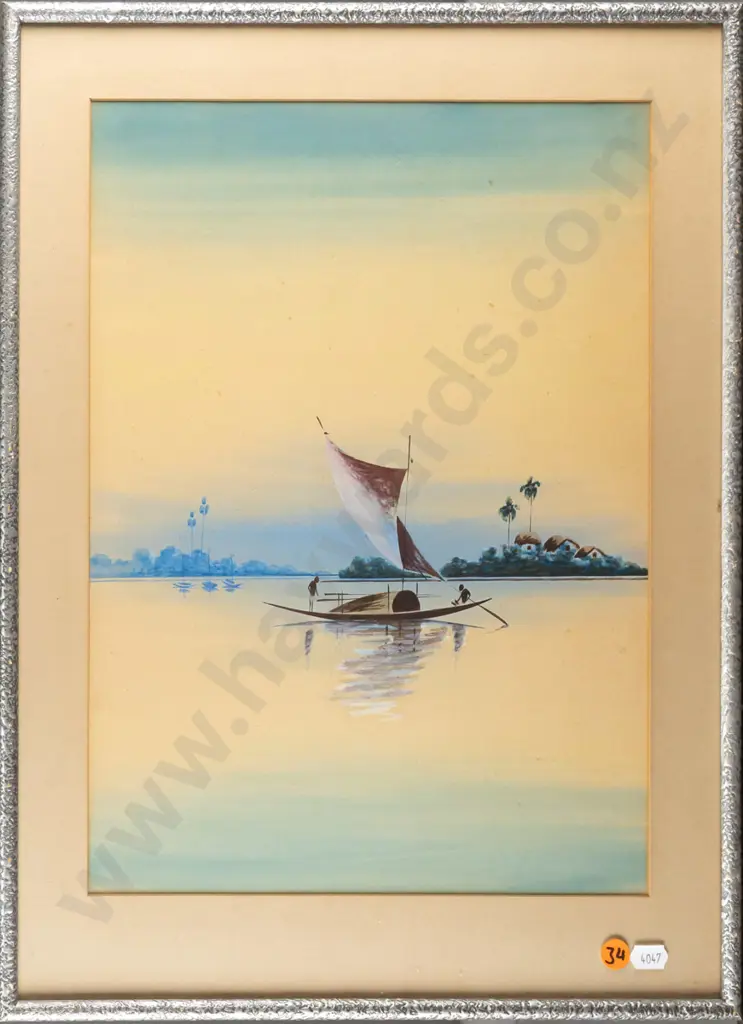 framed watercolour - boat scene H360 W270 (slight foxing) Image 1++