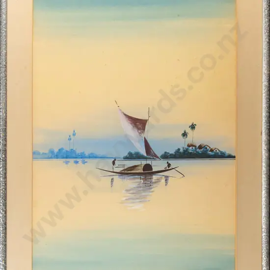 framed watercolour - boat scene H360 W270 (slight foxing)