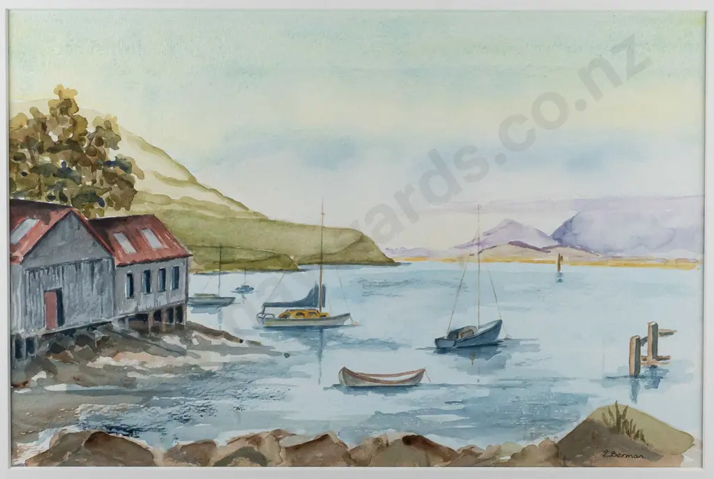 P Berman - framed watercolour - boats in harbour H220 W330 Image 1++