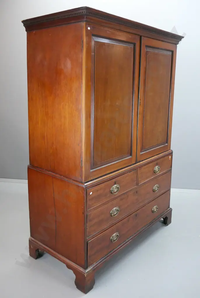 late Georgian mahogany linen press with 2 panelled doors, 3 sliding shelves, 4oak-lined drawers, on bracket feet, box- Image 1++