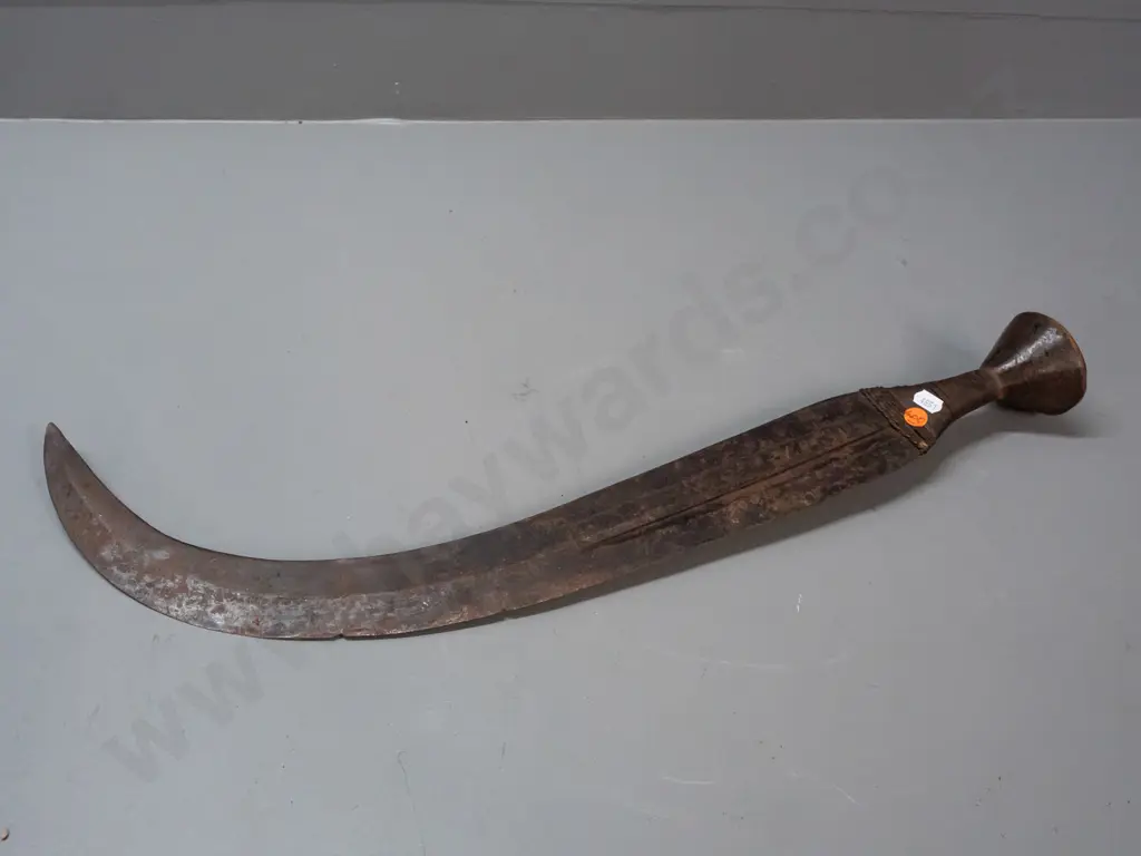 ceremonial knife, Democratic Republic of Congo - wooden handle w/ metal binding and curved blade - split to handle and Image 1++
