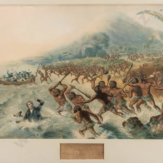 framed vintage print "The Massacre of the lamented missionary the Rev J Williams" H-210 W-310 frame needs attention