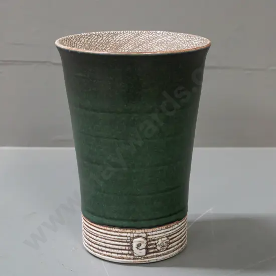 Peter Shearer studio pottery beaker shaped vase with angled lip H-160 D-110 at top rim