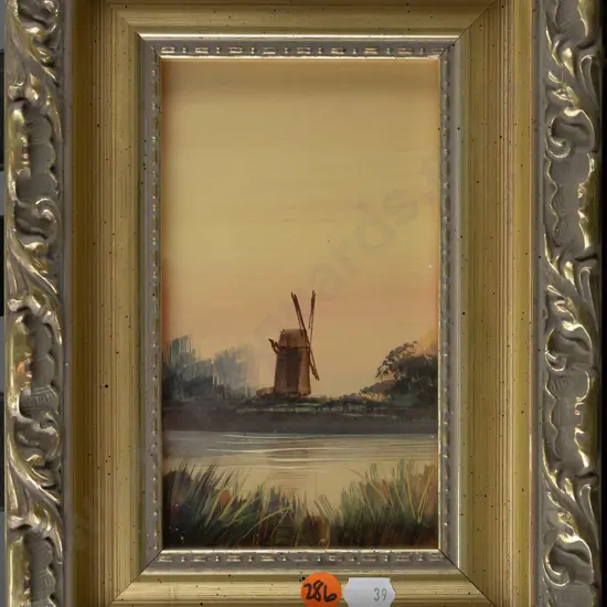 gilt framed watercolour - windmill H-170 W-100