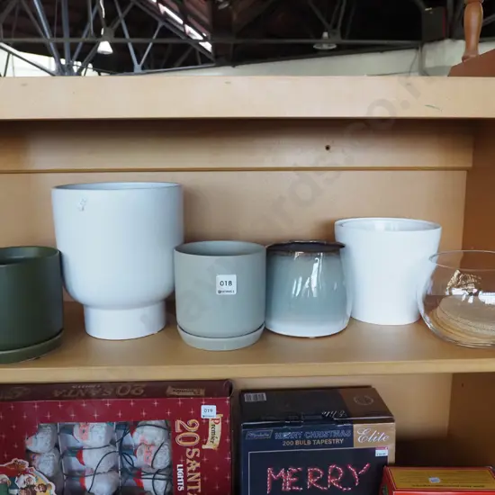 shelf; modern garden planters, jardinieres, glass bowl, coasters