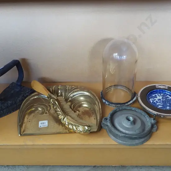 shelf; sad iron, crumb brush tray, outdoor light etc