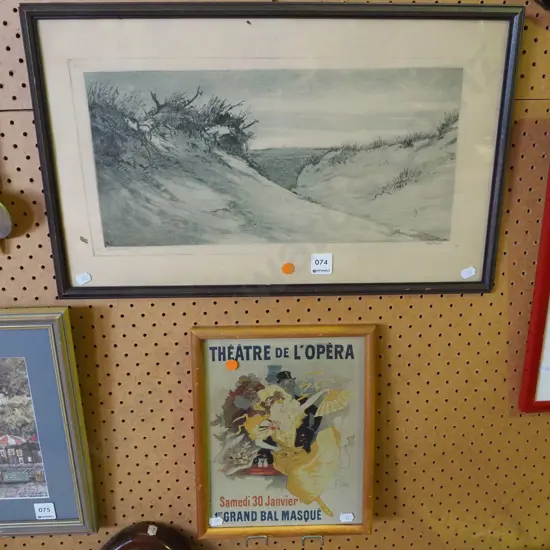 2x framed prints - beach scene, opera - orange dots