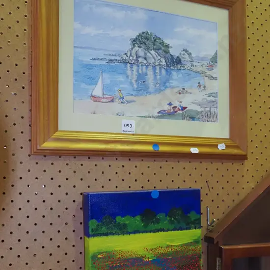 framed watercolour - beach scene, oil on canvas - poppy field