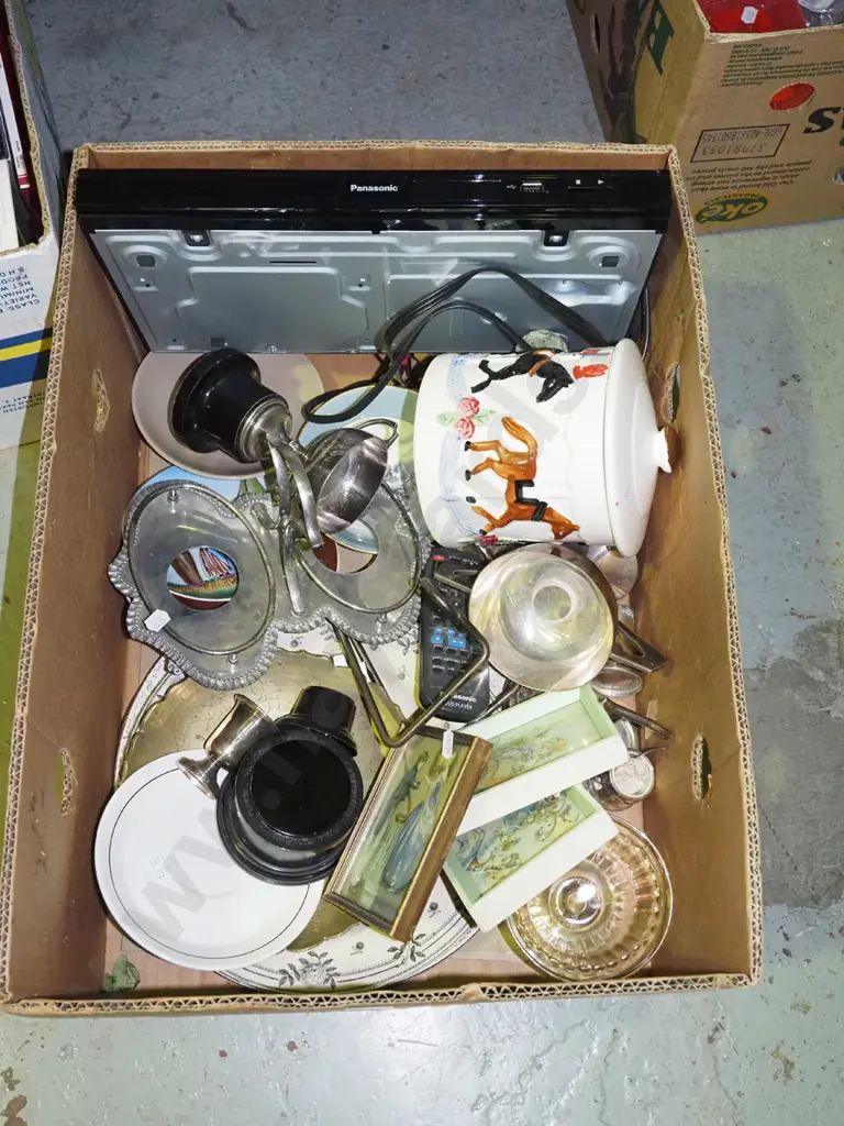 box; DVD player, plated trophies, biscuit barrel, prints etc Image 1++