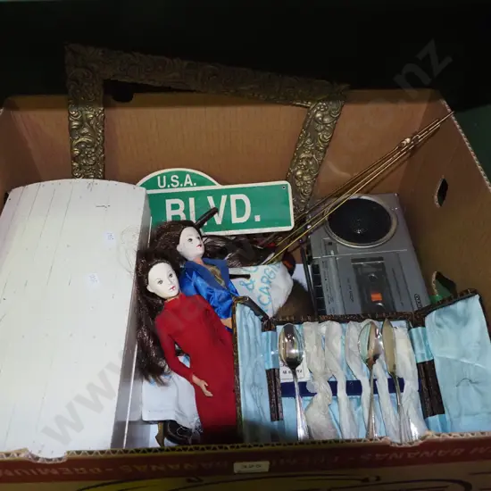 box; dolls, small radio cassette player, cased cutlery etc