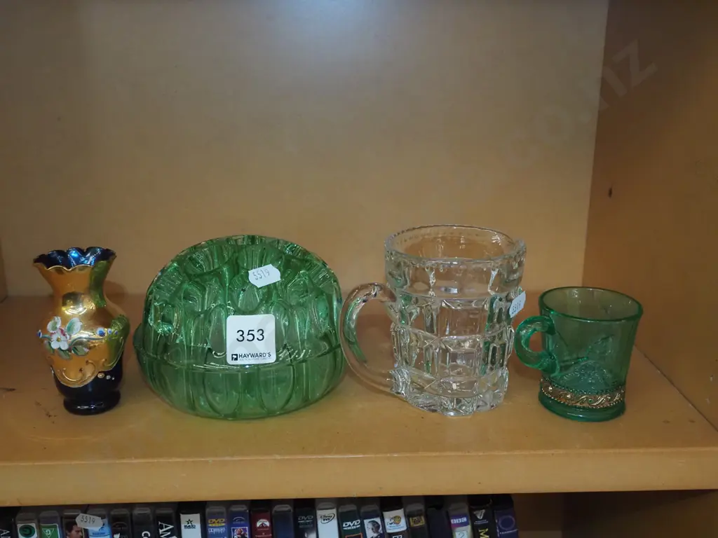 green glass flower frog, glass jug, small Italian bud vase etc Image 1++