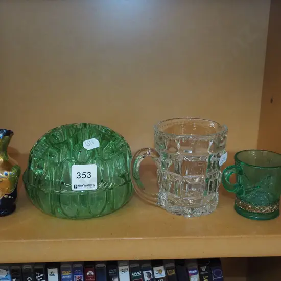 green glass flower frog, glass jug, small Italian bud vase etc