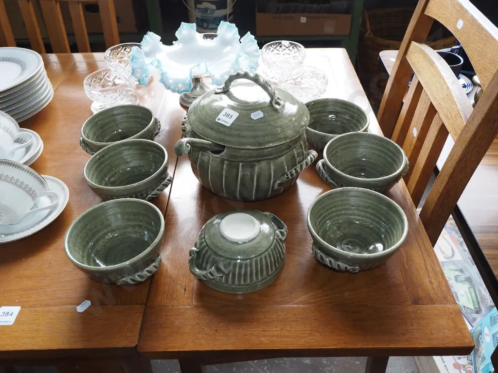 studio pottery lidded soup tureen with 7 bowls and ladle Image 1++