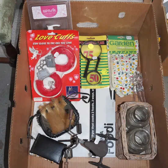 box; gardening gloves, magnifying glasses, sporran etc