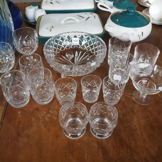 footed cut crystal bowl, whisky tumblers etc