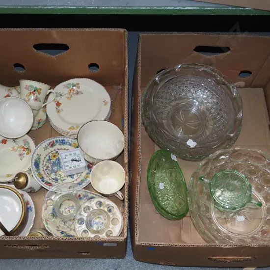 2x boxes; glass bowl, plates, cups etc - blue dots