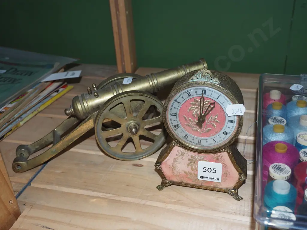 reproduction French themed bedside clock, brass canon H150 Image 1++