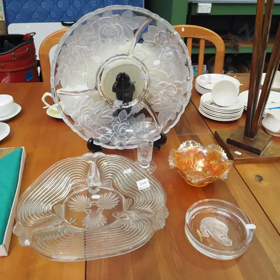segmented glass serving disges, carnival glass bowl etc