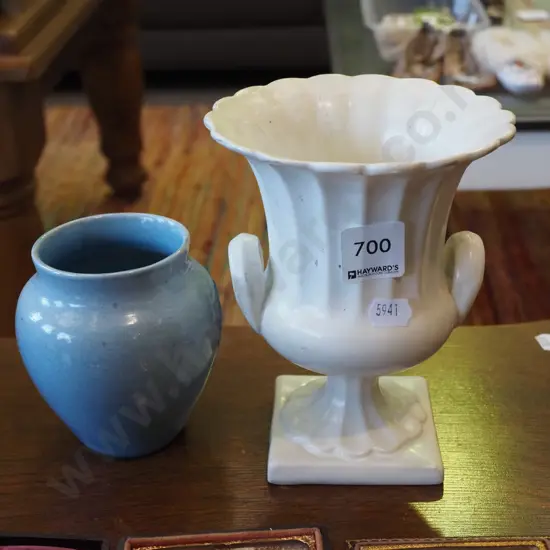 small white vase H150, blue OC Stephens vase - chip to rim 