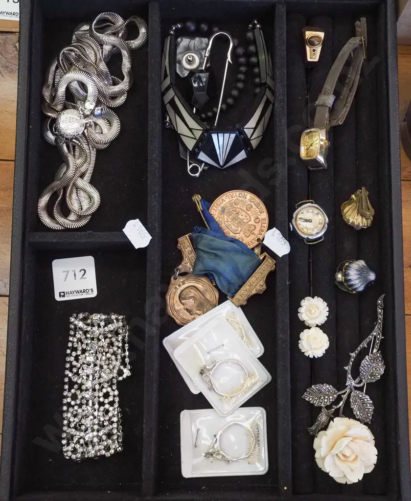 segmented black velvet tray; necklaces, medals, marcasite brooch etc Image 1++