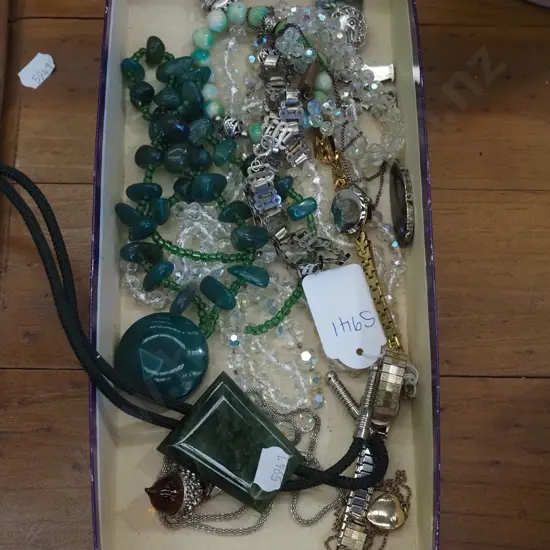box;costume jewellery necklaces, watches, agate and silver drop pendant, silver choker necklace, nephrite on green cord 