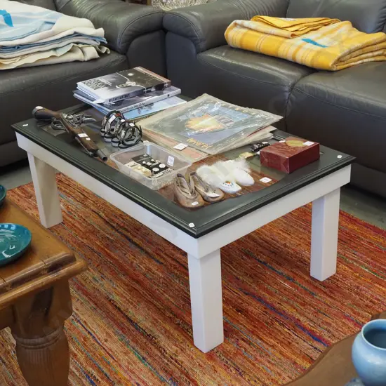 grey painted wood and glass top coffee table
