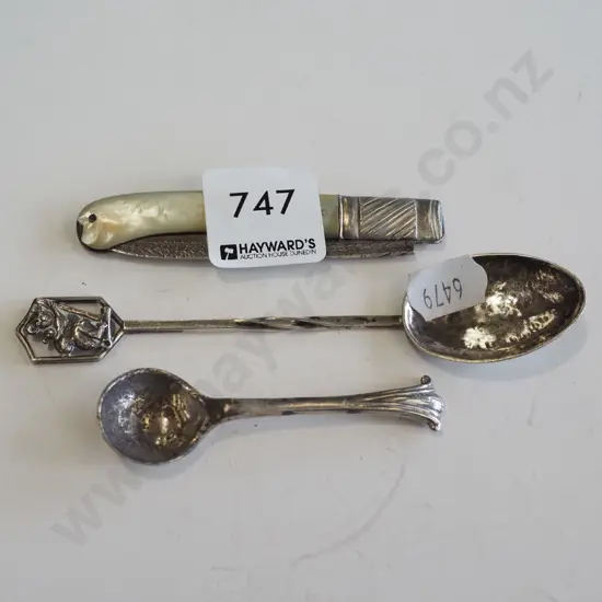 sterling silver teaspoon, mustard spoon & mother of pearl pocket knife