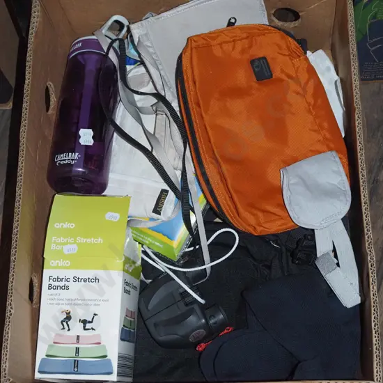 box; drink bottle, binoculars, various bags etc