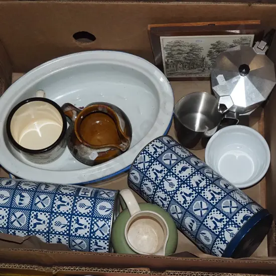 box; baking dish, espress stove top, tins etc