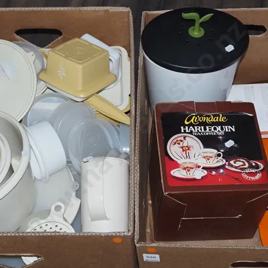 2x boxes; tupperware, canister, tea and coffee set - orange dots
