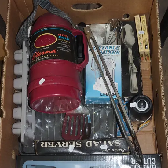box; bbq tongs, thermos, salad servers etc