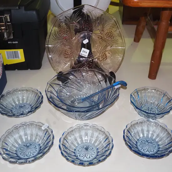 blue depression glass sweet set, pine cone pressed amber rose bowl