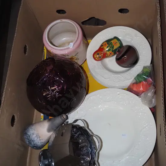 box; purple glass bowl, Wedgwood  Etruria bowls, plates etc