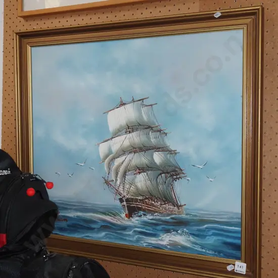 framed oil on board - sailing ship