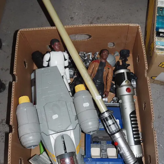 box of various Star Wars figurines, toys