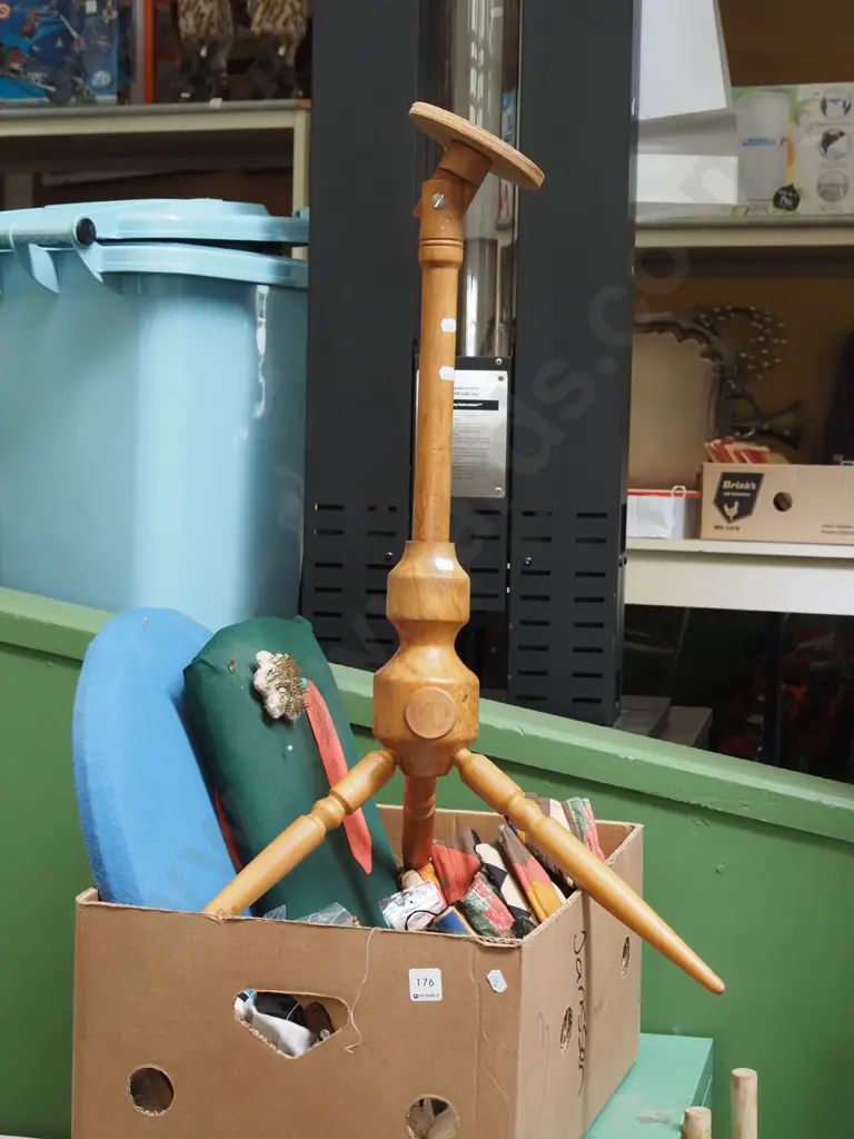 box of lace making accessories; stand cushions, bobbins etc Image 1++