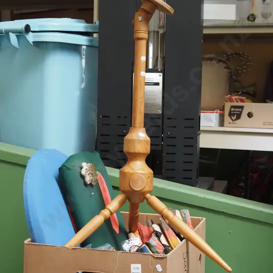 box of lace making accessories; stand cushions, bobbins etc