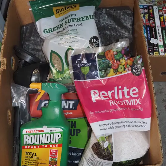 box; garden supplies, grass seed, clean up bags, round up etc