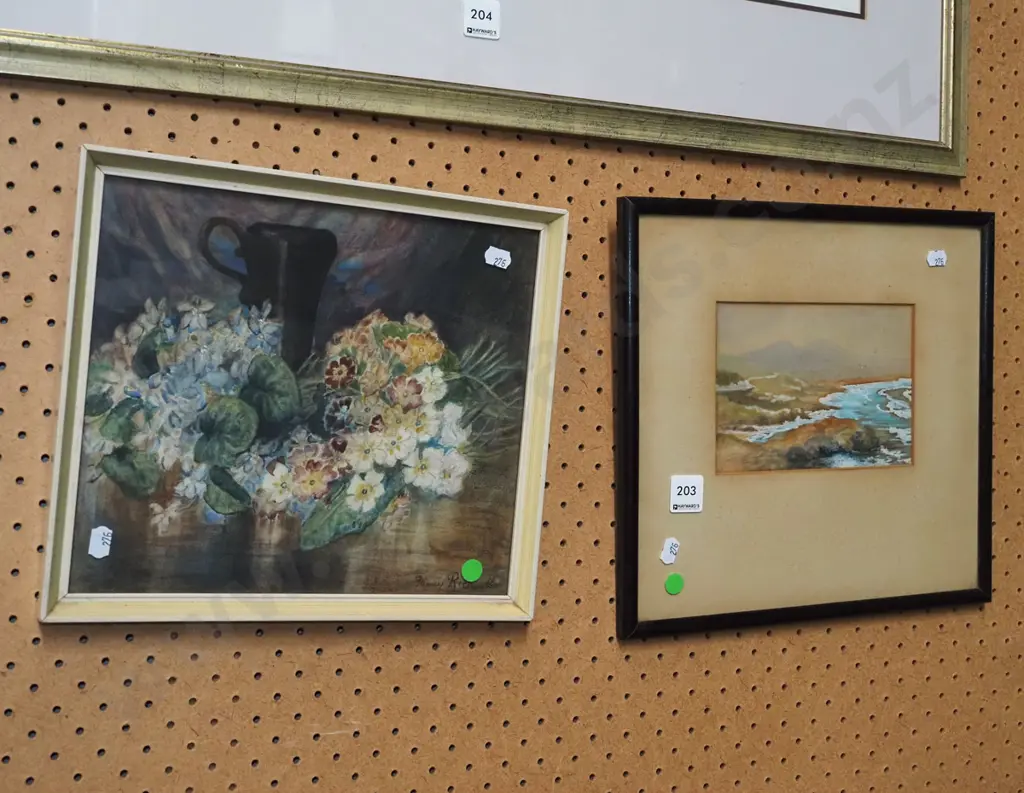 2x watercolours - coastal scene, flowers - green dots Image 1++