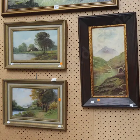 3x framed oils on board - landscapes- orange dots