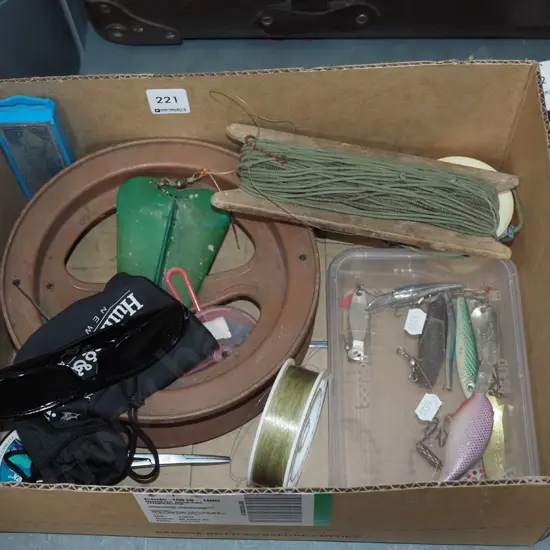 box; fishing lures, lines, glasses etc