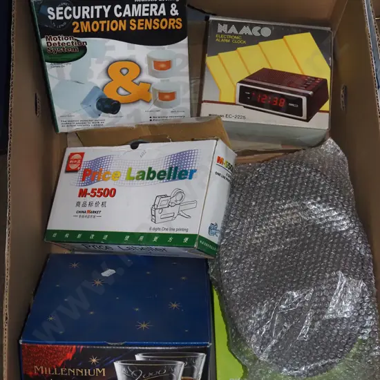 box; label guns, glasses, bedside clock etc
