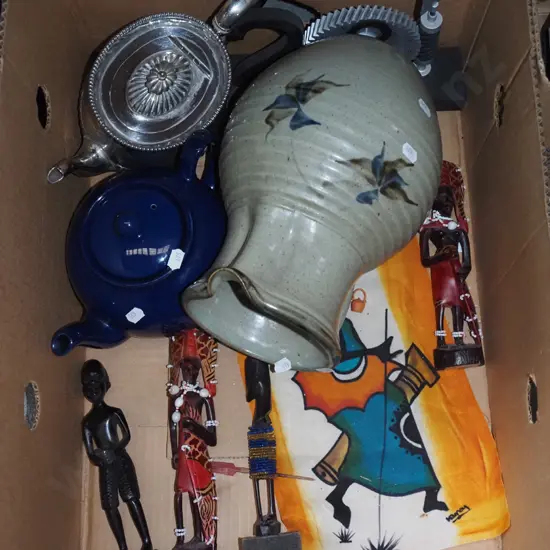 box; water jug, figurines, teapots etc