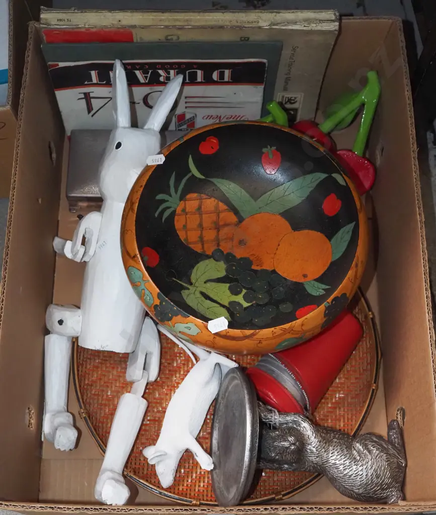 box; wooden rabbit ornaments, wood comport, travel mugs etc Image 1++